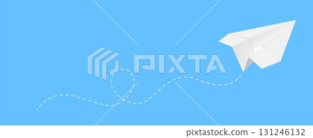 Realistic handmade paper plane with dotted air route line, vector 3d white sheet folded into airplane, origami aircraft Realistic handmade paper plane with dotted air route line, vector 3d white sheet folded into airplane, origami aircraft 131246132