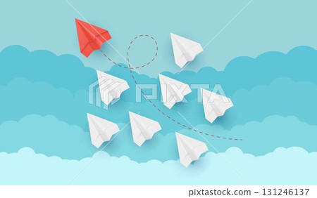 Realistic paper planes flying in the sky, red manager team leader leads the way, vector origami aircraft in business 131246137