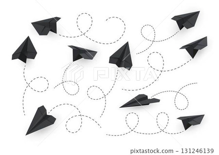 Realistic handmade paper planes with dotted air route line, vector 3d black sheet folded into airplane, origami aircraft Realistic handmade paper planes with dotted air route line, vector 3d black sheet folded into airplane, origami aircraft 131246139