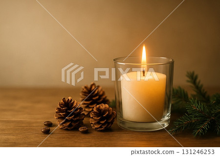 Winter still life with warm candles and pine cones Winter still life with warm candles and pine cones 131246253