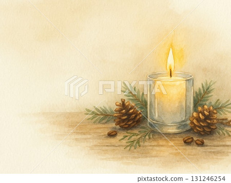 溫暖的蠟燭和松果的冬季靜物畫（水彩畫） 131246254