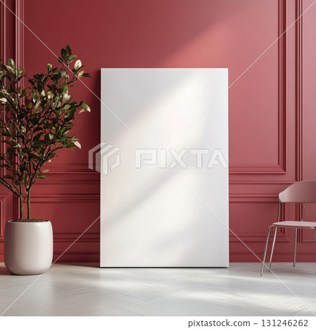 Mockup artist canvas in vertical format on red background. format front view. Frame for design Mockup artist canvas in vertical format on red background. format front view. Frame for design 131246262