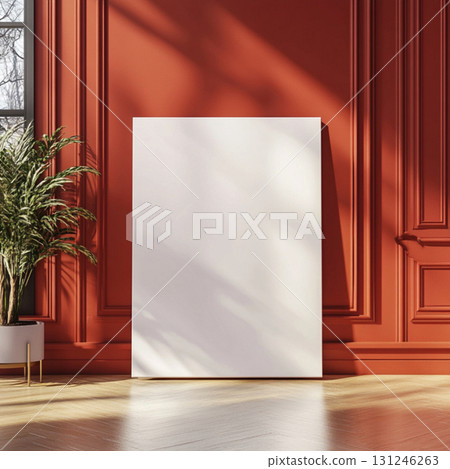 Mockup artist canvas in vertical format on red background. format front view. Frame for design Mockup artist canvas in vertical format on red background. format front view. Frame for design 131246263