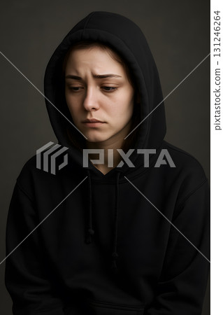 sad brunette girl in black sweatshirt. realistic photo of grief, depression, nervousness, tragic sad brunette girl in black sweatshirt. realistic photo of grief, depression, nervousness, tragic 131246264