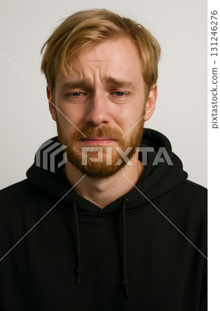 sad blond men in black sweatshirt. realistic photo of grief, depression, nervousness, tragic 131246276