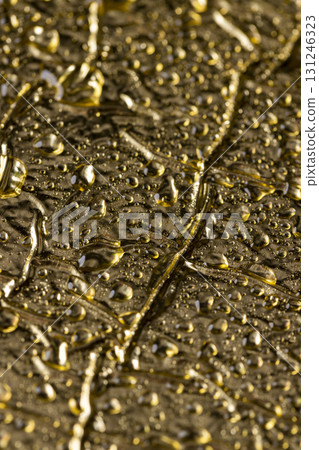 wet surface used for packaging goods and food, the details of the golden foil covered with drops of water for packaging and long-term storage of food wet surface used for packaging goods and food, the details of the golden foil covered with drops of water for packaging and long-term storage of food 131246323