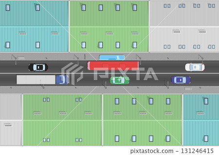 urban European city street road with cars and buildings top view illustration 131246415