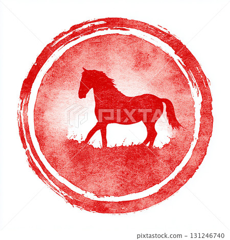 A horse silhouette stamp in the style of an ink pad. Illustration material suitable for New Year's cards and Japanese-style designs. 131246740