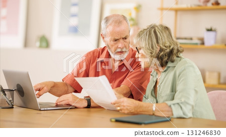 Senior couple managing finances and using laptop at home 131246830