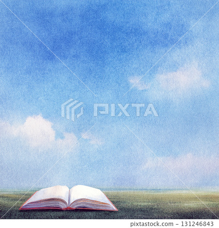 Watercolor illustration of a book placed against a meadow and blue sky. A symbol of reading and learning. 131246843