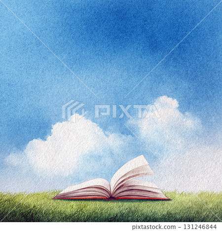 Watercolor illustration of a book placed against a meadow and blue sky. A symbol of reading and learning. 131246844