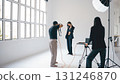 Photographer taking pictures of fashion model in professional studio 131246870