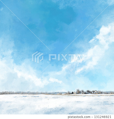 雪景和藍天的水彩背景插圖。冬季自然風景和清爽的天空。 131246921