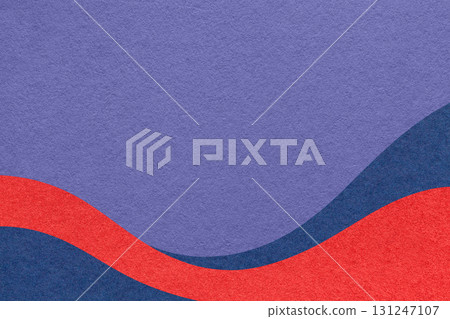 Textured violet paper background with red and blue wavy lines and waves, copy space for banner, presentation 131247107
