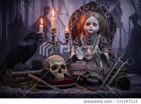 A mystical and spooky Halloween scene is set on a dark surface. 131247115