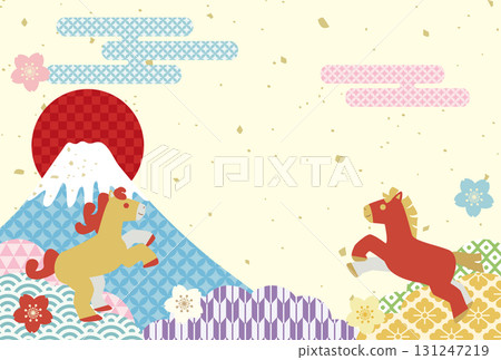 將日本圖案背景與馬結合在一起的馬年新年賀卡模板。 131247219