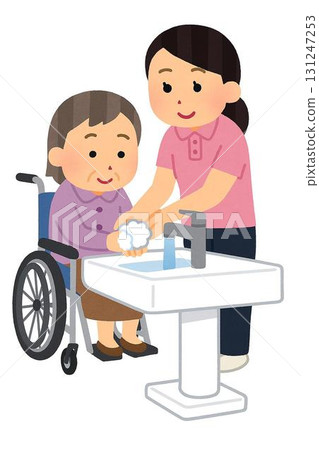 Illustration of an elderly woman washing her hands with the support of a caregiver 131247253