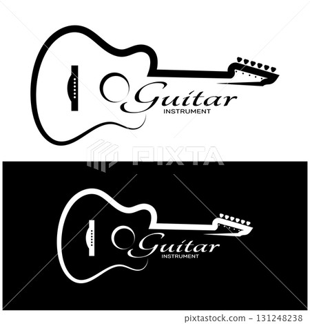 Simple musical guitar instrument logo, for guitar shop, music instrument store, orchestra, guitar lessons, apps, games, music studio, vector 131248238