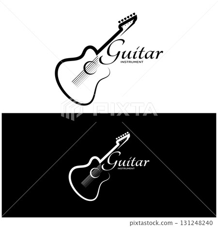 Simple musical guitar instrument logo, for guitar shop, music instrument store, orchestra, guitar lessons, apps, games, music studio, vector Simple musical guitar instrument logo, for guitar shop, music instrument store, orchestra, guitar lessons, apps, games, music studio, vector 131248240