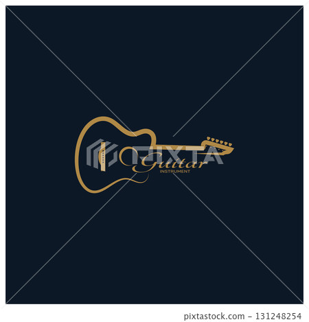 Simple musical guitar instrument logo, for guitar shop, music instrument store, orchestra, guitar lessons, apps, games, music studio, vector 131248254