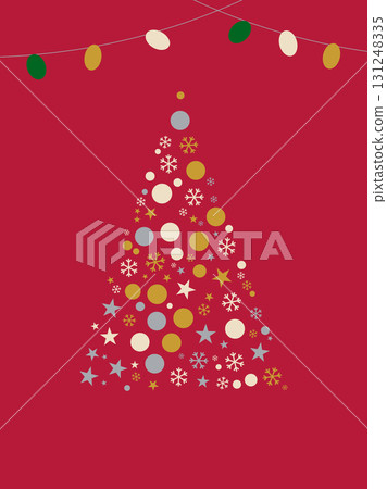紅色背景上由雪花和星星製成的華麗聖誕樹卡設計 131248335