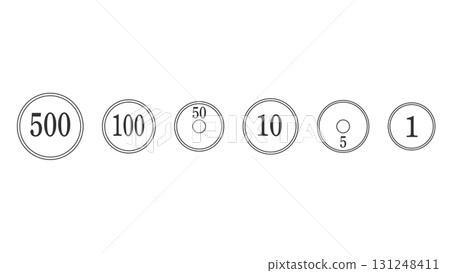 Japanese yen money coin black and white illustration material 500 100 50 10 5 1 yen coin vector 131248411