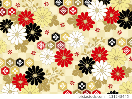 Red, black, and gold chrysanthemum and tortoiseshell Japanese pattern Red, black, and gold chrysanthemum and tortoiseshell Japanese pattern 131248445