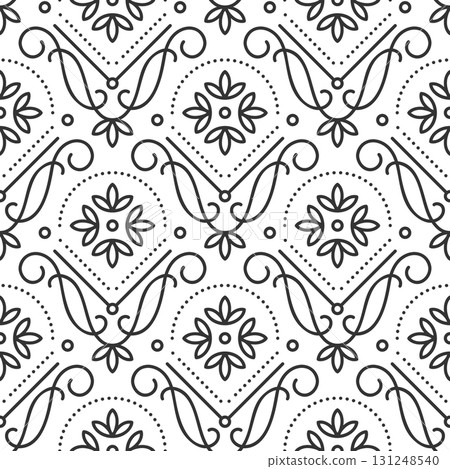 Geometric seamless vintage pattern with floral motifs, elegant swirls. Delicate ornate thin line art retro luxury background. Repeating monochrome ornamental flourishes dots and fine design details Geometric seamless vintage pattern with floral motifs, elegant swirls. Delicate ornate thin line art retro luxury background. Repeating monochrome ornamental flourishes dots and fine design details 131248540
