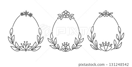 Floral egg shaped outline frame with leaves branches berries blossoms. Three oval black line border forms decorated top and bottom by cute minimalistic flowers, thin curved stems, botanical accents 131248542