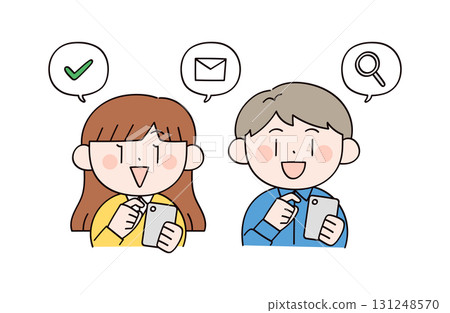 兩名男子和一名女子操作智慧型手機的插圖 131248570