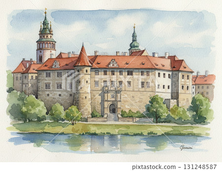 Beautiful watercolor landscape of the Czech castle Cesky Krumlov 131248587