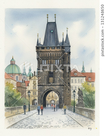 Beautiful cityscape and bridge towers along the historic Charles Bridge and Vltava River in Prague, Czech Republic 131248650