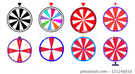 Collection of Colorful Wheel of Fortune Designs. A Roulette Isolated Random Wheel illustration. 131248858