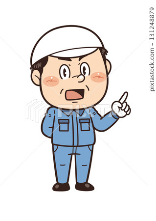 Illustration of a male worker pointing at something in a factory or on-site | Unsafe behavior, unsafe conditions, and workplace accidents 131248879