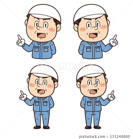 Illustration of a male worker pointing at something in a factory or on-site | Unsafe behavior, unsafe conditions, and workplace accidents 131248880