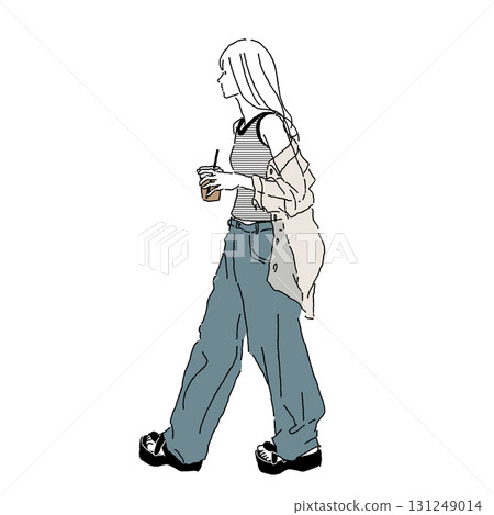 一位女士在喝酒的插圖（美式上衣 x 透視襯衫，彩色） 131249014