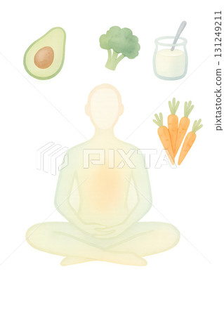 冥想和對腸道有益的食物水彩插圖PNG透明背景 131249211
