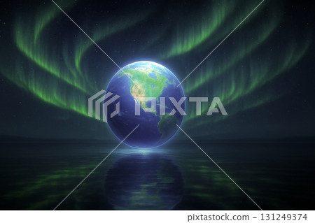 "Earth art in the night sky enveloped in aurora" "Earth art in the night sky enveloped in aurora" 131249374