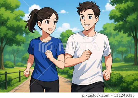 Anime-style illustration of a couple enjoying running together in the park 131249385
