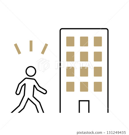 Simple icon illustration of a person and office building representing joining a company or finding employment Simple icon illustration of a person and office building representing joining a company or finding employment 131249435