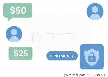 Digital money transfer concept with secure payment icons and chat bubbles 131249461