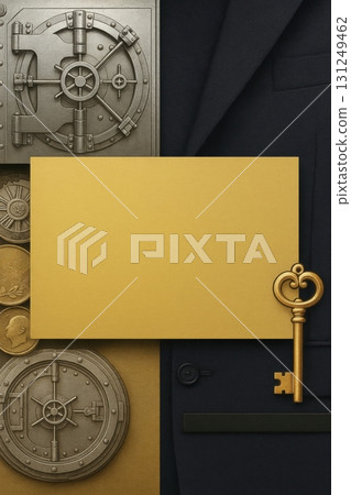Golden key and blank card with vault doors and suit background for security concept 131249462