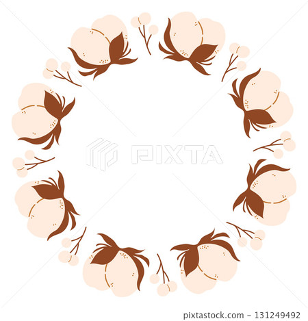 Autumn cotton boll circle frame. Round border made of cotton boxes. The cotton is arranged in a circle. Vector flat isolated on white background. 131249492