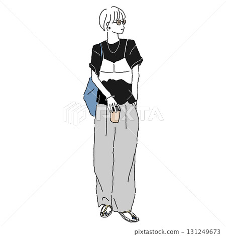 Fashion illustration of a woman wearing a layered T-shirt and bustier, holding sunglasses and a takeout cup (color) 131249673