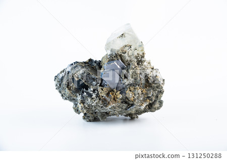 Fluorite mineral specimen with cubic crystals, golden pyrite inclusions, and galena lead glance, displayed on a clean white background. 131250288