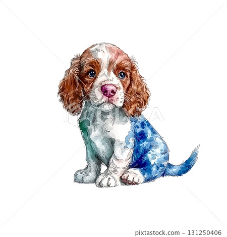 Watercolor Illustration of a Cute Puppy with Brown and White Fur in a Playful Pose 131250406