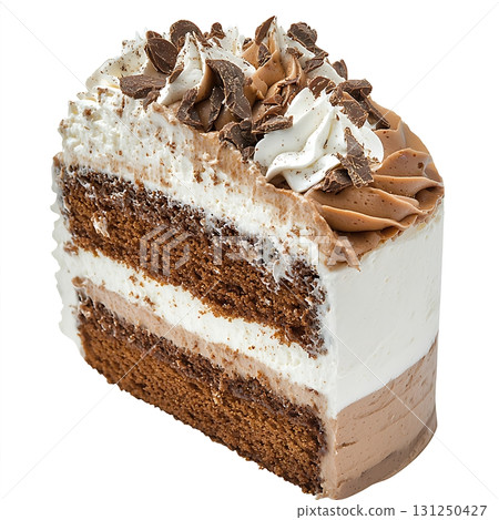 Indulgent Chocolate Cake Slice with Whipped Cream and Shaved Chocolate Garnish 131250427