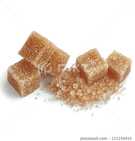 Brown Sugar Cubes Piled with Granules on a White Background for Culinary Use and Decoration 131250455