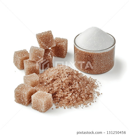 Brown sugar cubes and granulated white sugar in a glass jar on a white background 131250456