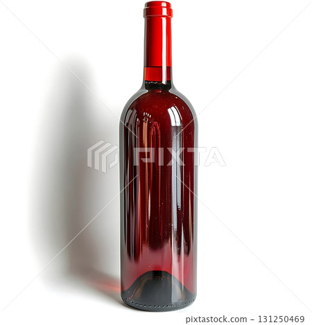 Elegant Red Glass Bottle with Glossy Surface Reflecting Light in Soft Background Elegant Red Glass Bottle with Glossy Surface Reflecting Light in Soft Background 131250469
